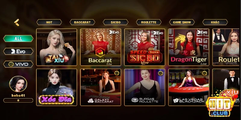 Giao diện casino Hitclub với đa dạng trò chơi